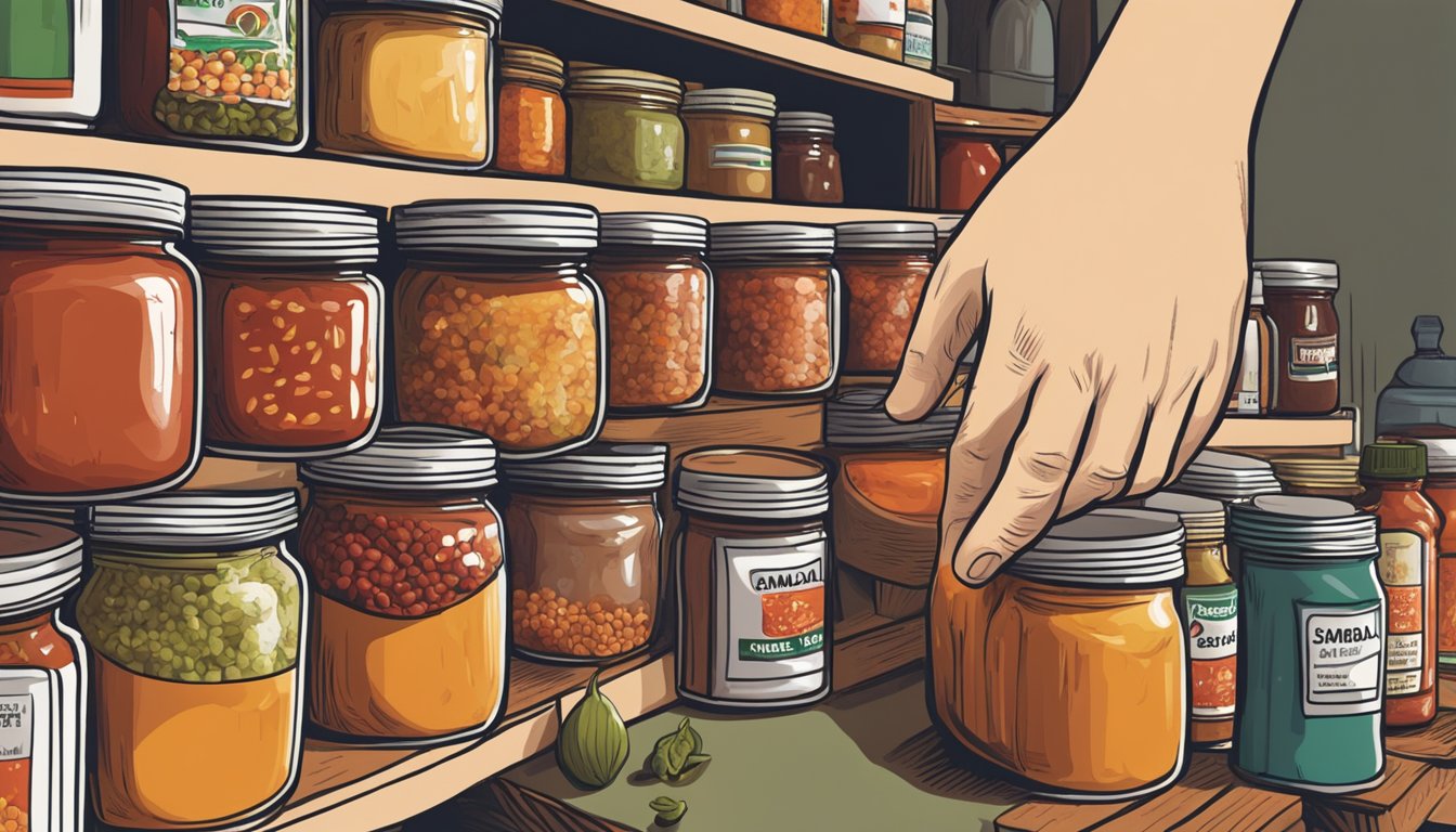 A hand reaching for a jar of sambal oelek on a crowded spice shelf, with a jar of chili paste next to it