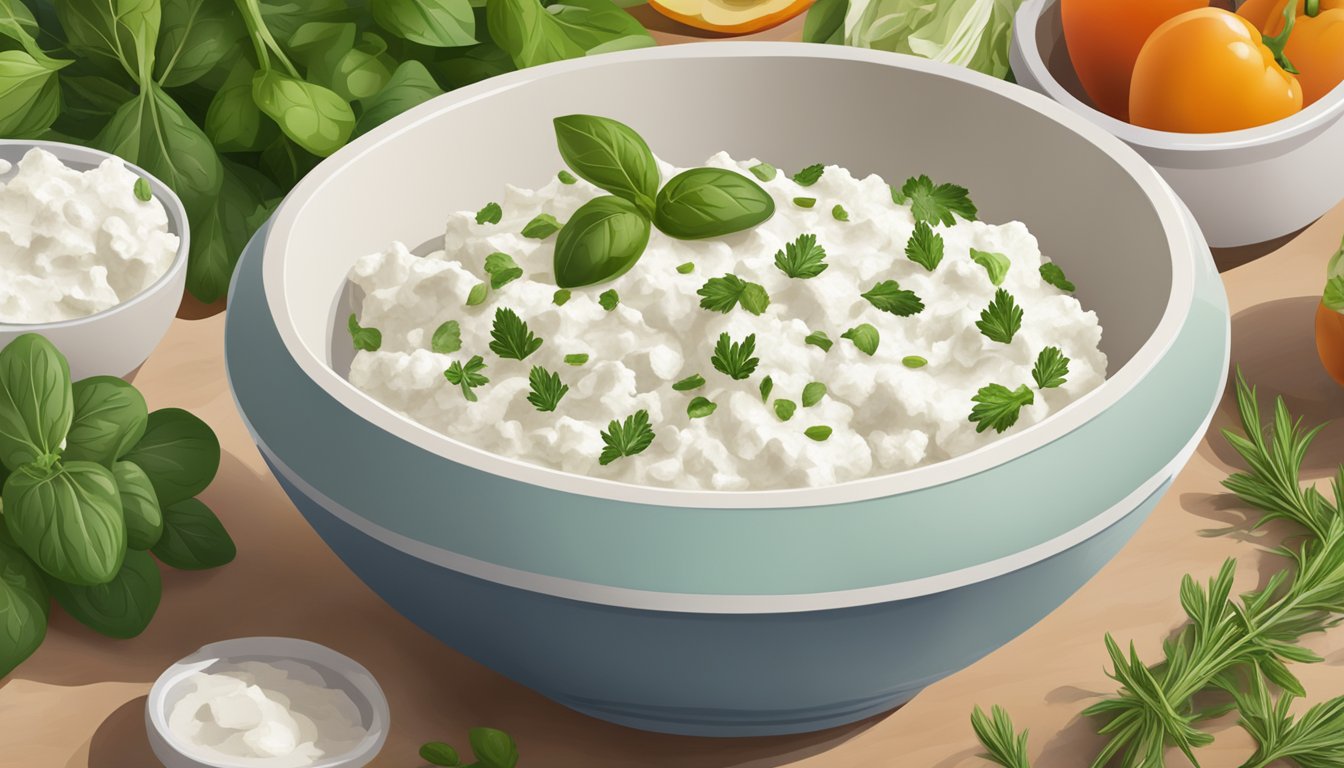 A bowl of ricotta and cottage cheese next to each other, surrounded by fresh herbs and vegetables