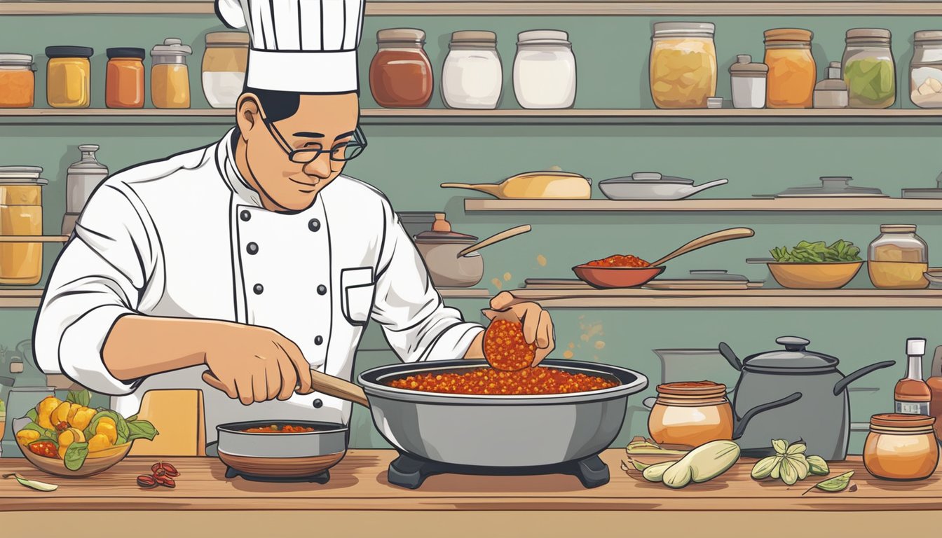 A chef adds sambal oelek to a bubbling pot of curry, replacing chili paste in a recipe. The rich, red sauce fills the air with a spicy aroma