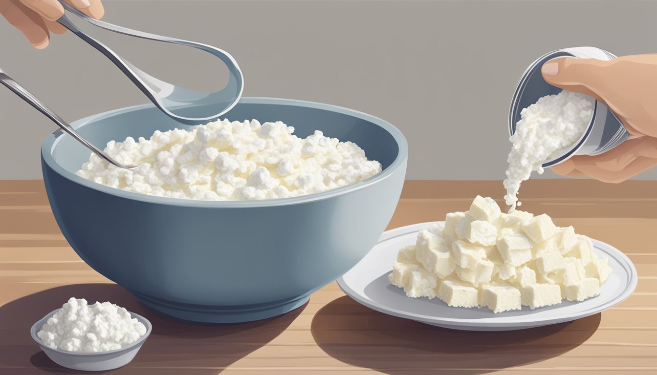 A bowl of ricotta sits next to a dish of cottage cheese, with a measuring cup pouring the ricotta into the cottage cheese