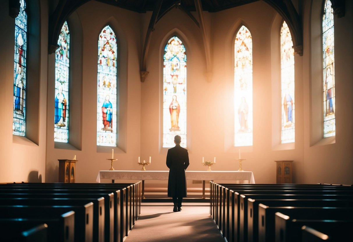 A solitary figure stands at the center of the aisle, bathed in soft, warm light filtering through the stained glass windows, creating a sense of peace and serenity