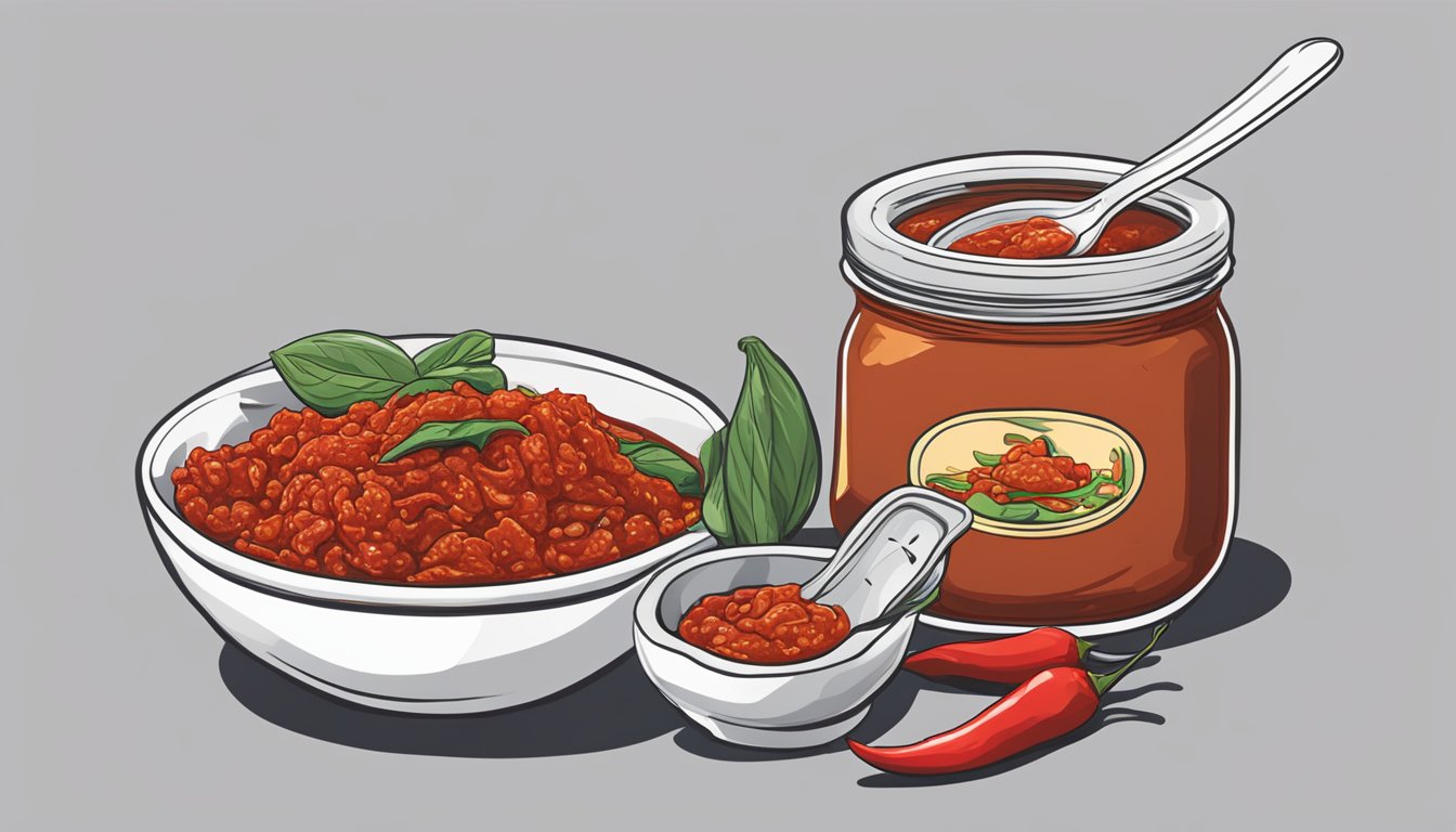 A jar of sambal oelek sits next to a bowl of chili paste, with a spoon scooping out a dollop to substitute