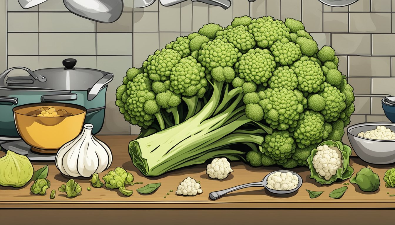 A Romanesco head sits next to a cauliflower, surrounded by various kitchen utensils and ingredients. The Romanesco is being used as a substitute for the cauliflower in a recipe