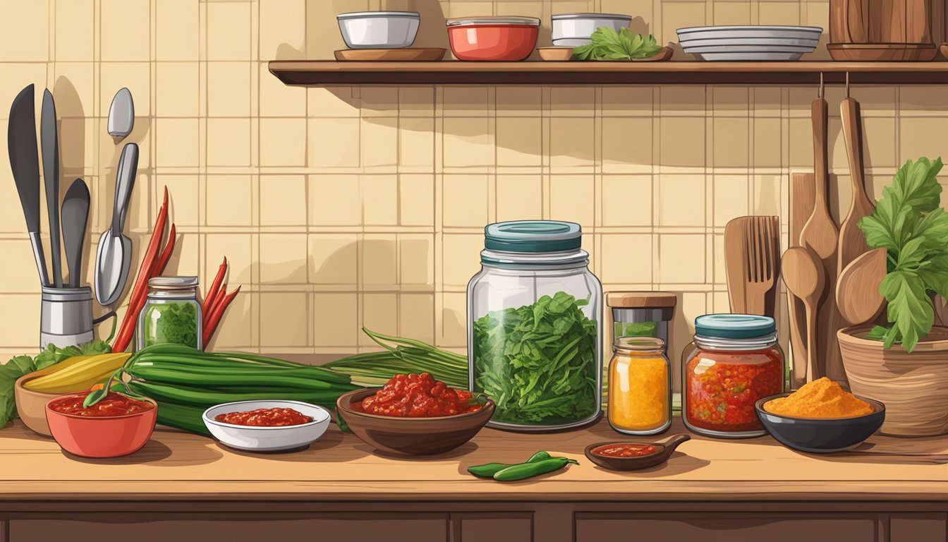 A kitchen counter with a jar of sambal oelek and a bowl of chili paste, surrounded by various fresh ingredients and cooking utensils