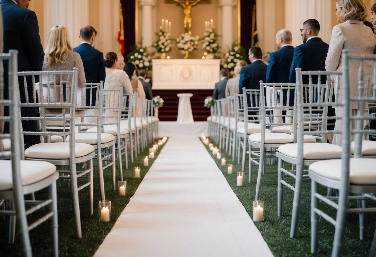 A row of empty chairs lines the aisle, leading towards a grand altar adorned with flowers and candles