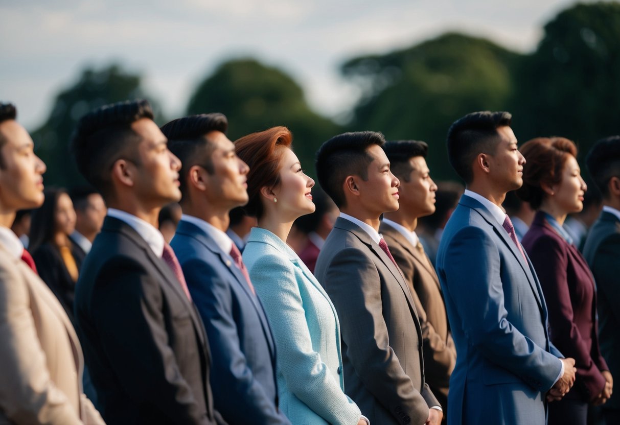A row of figures standing in a straight line, facing forward with their heads held high and their arms at their sides in a respectful and celebratory manner