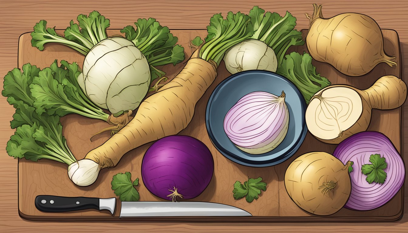 A wooden cutting board with a pile of turnips and a rutabaga, a knife, and a measuring cup of diced vegetables