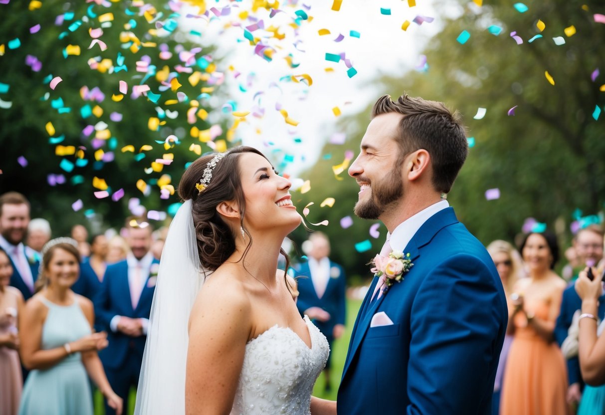 Colorful confetti raining down on a bride and groom, creating a festive and celebratory atmosphere