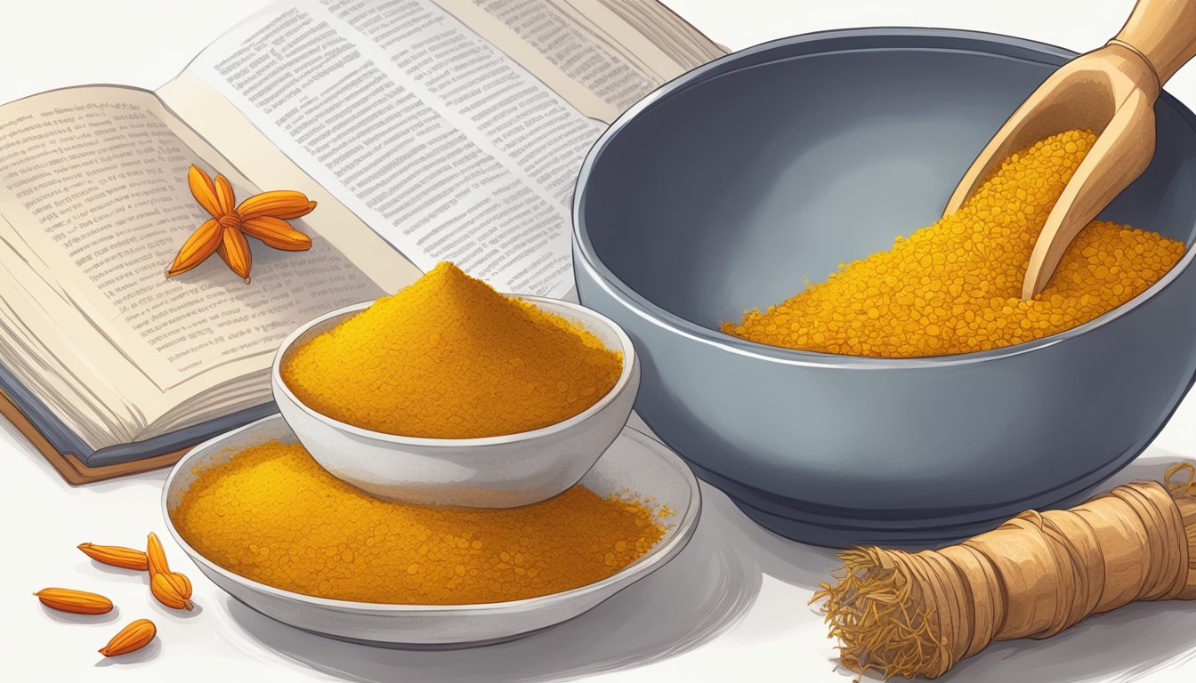 A small dish of saffron threads next to a bowl of ground turmeric, with a recipe book open to a page about substituting saffron for turmeric