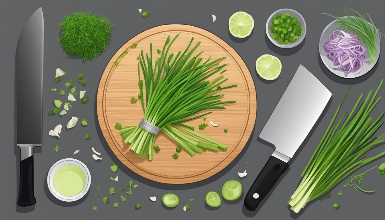 A cutting board with scallions and chives, a knife, and a bowl of chopped herbs