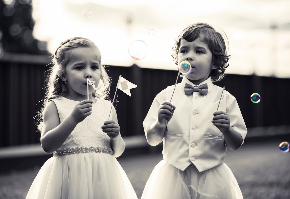 A flower girl and ring bearer hold mini flags and blow bubbles at a wedding