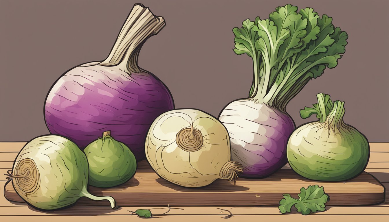 A rutabaga sitting on a cutting board next to a pile of turnips, with a knife and measuring cups nearby