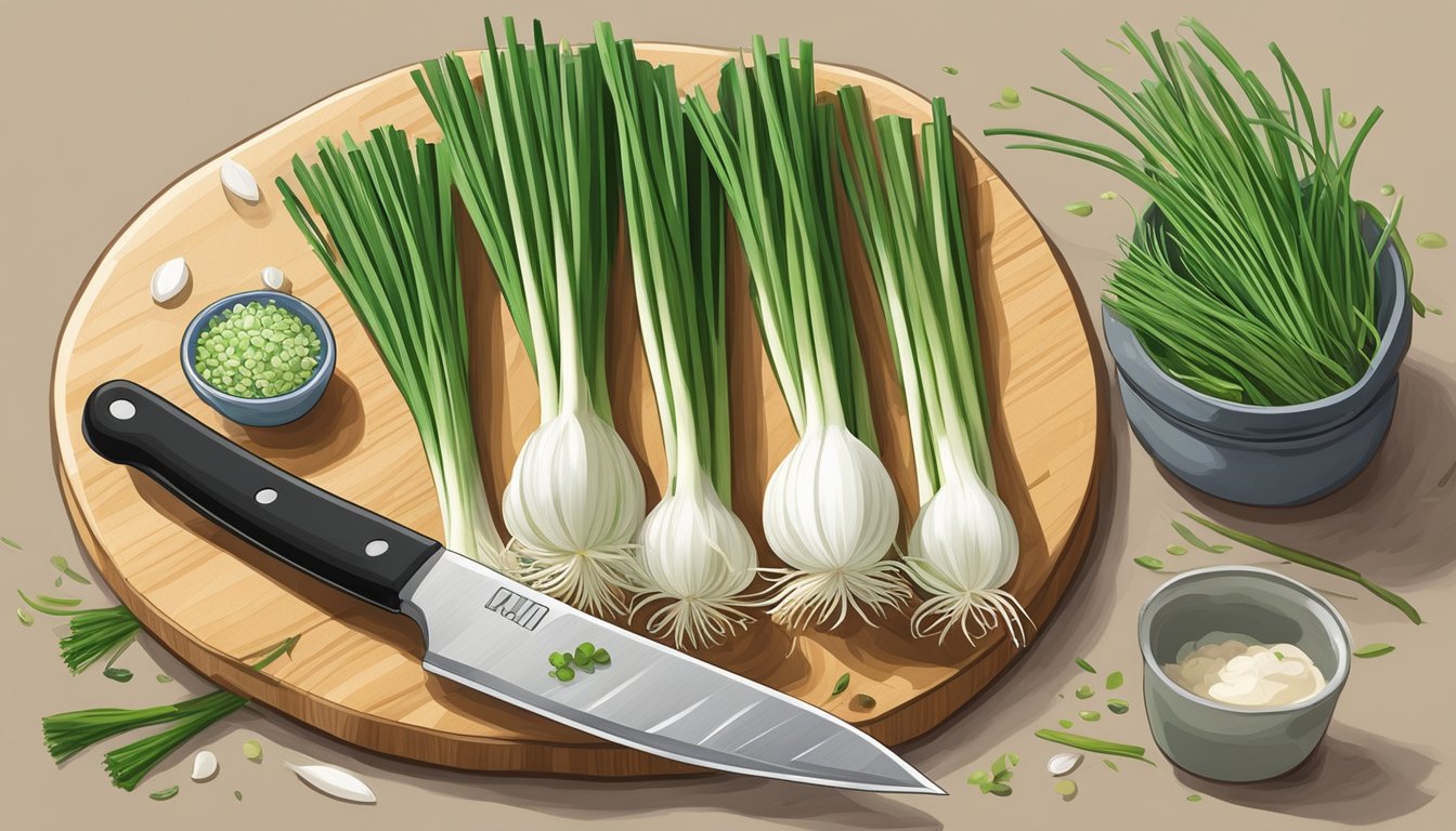 Scallions and chives on a cutting board with a knife, bowl, and measuring spoons nearby