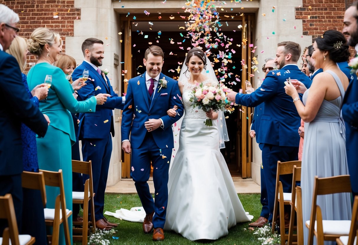 Colorful confetti raining down over the newlyweds as they exit the ceremony