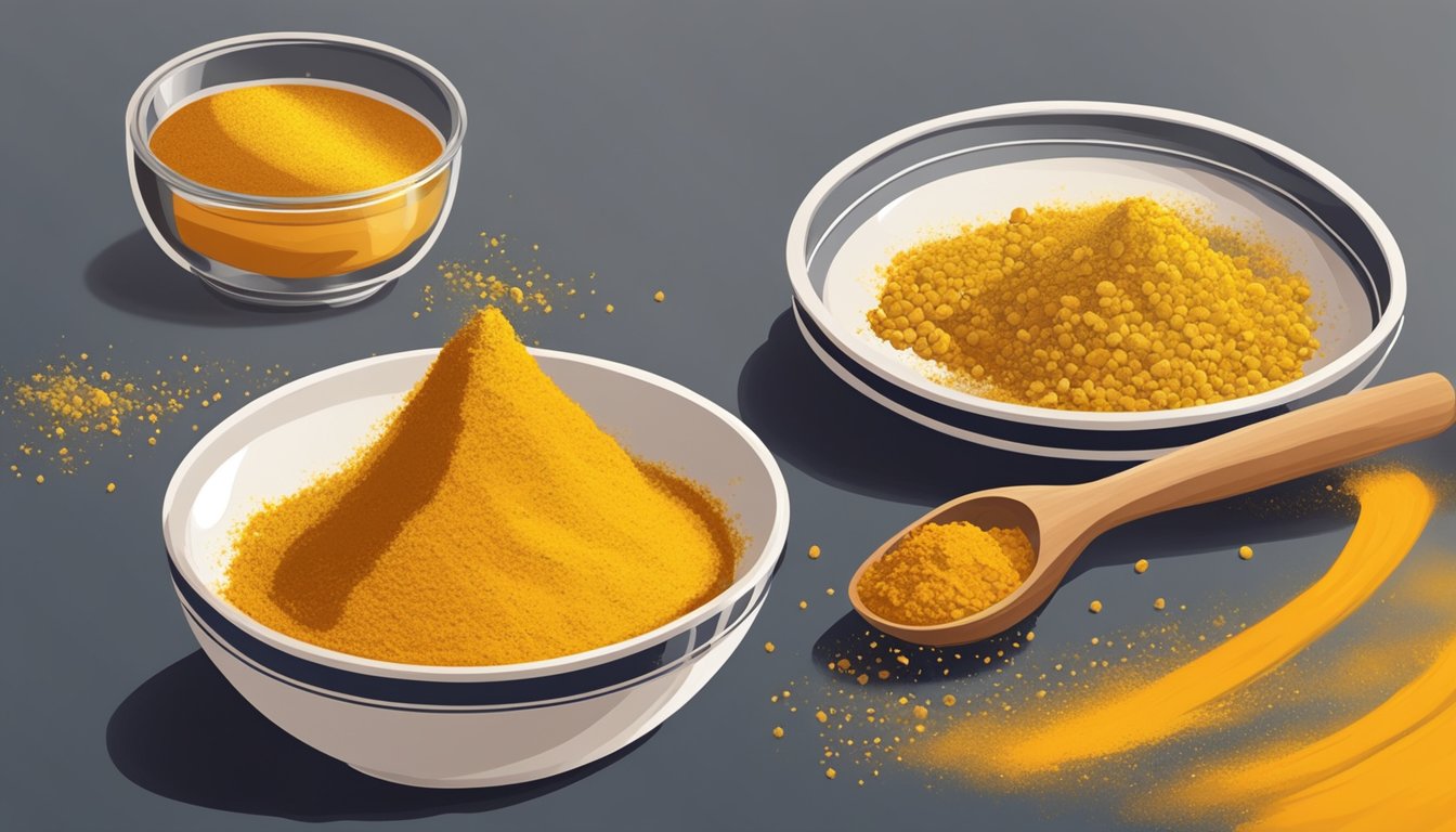 A small bowl of turmeric powder next to a dish being sprinkled with it, with saffron in the background