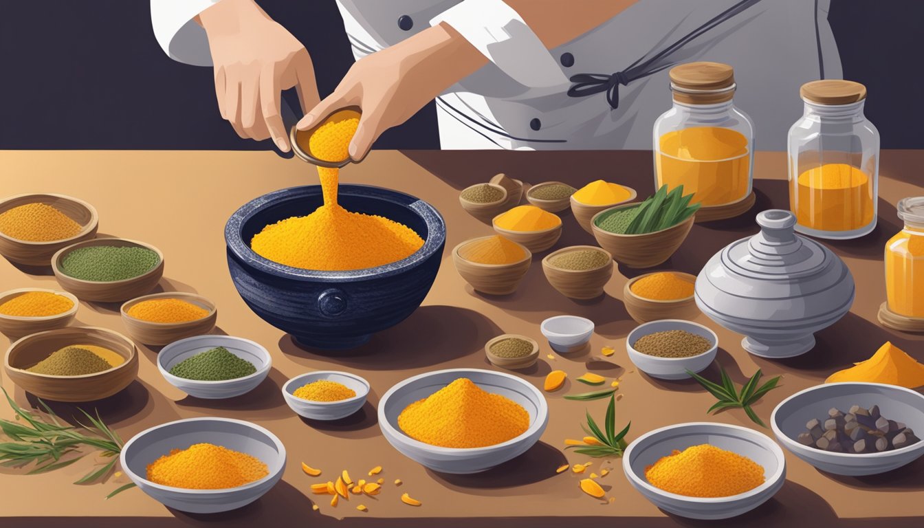 A chef pouring saffron into a mortar and pestle, next to a jar of turmeric, with various dishes in the background