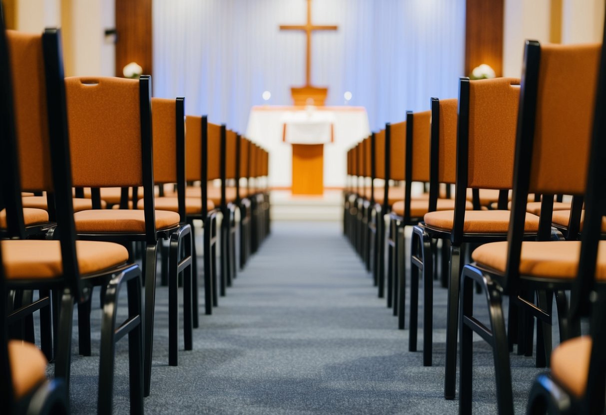 Chairs arranged in rows with a central aisle, leading to a podium or altar at the front
