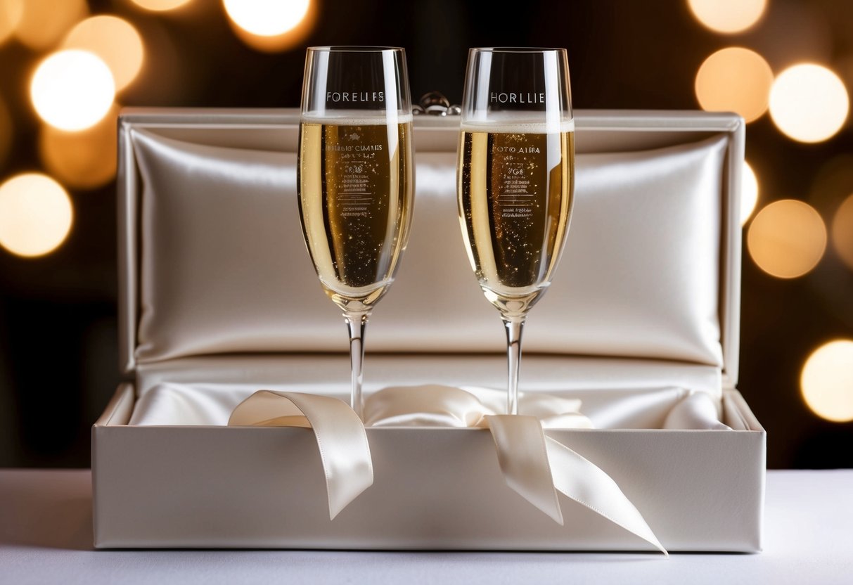 A pair of elegant champagne flutes nestled in a satin-lined box