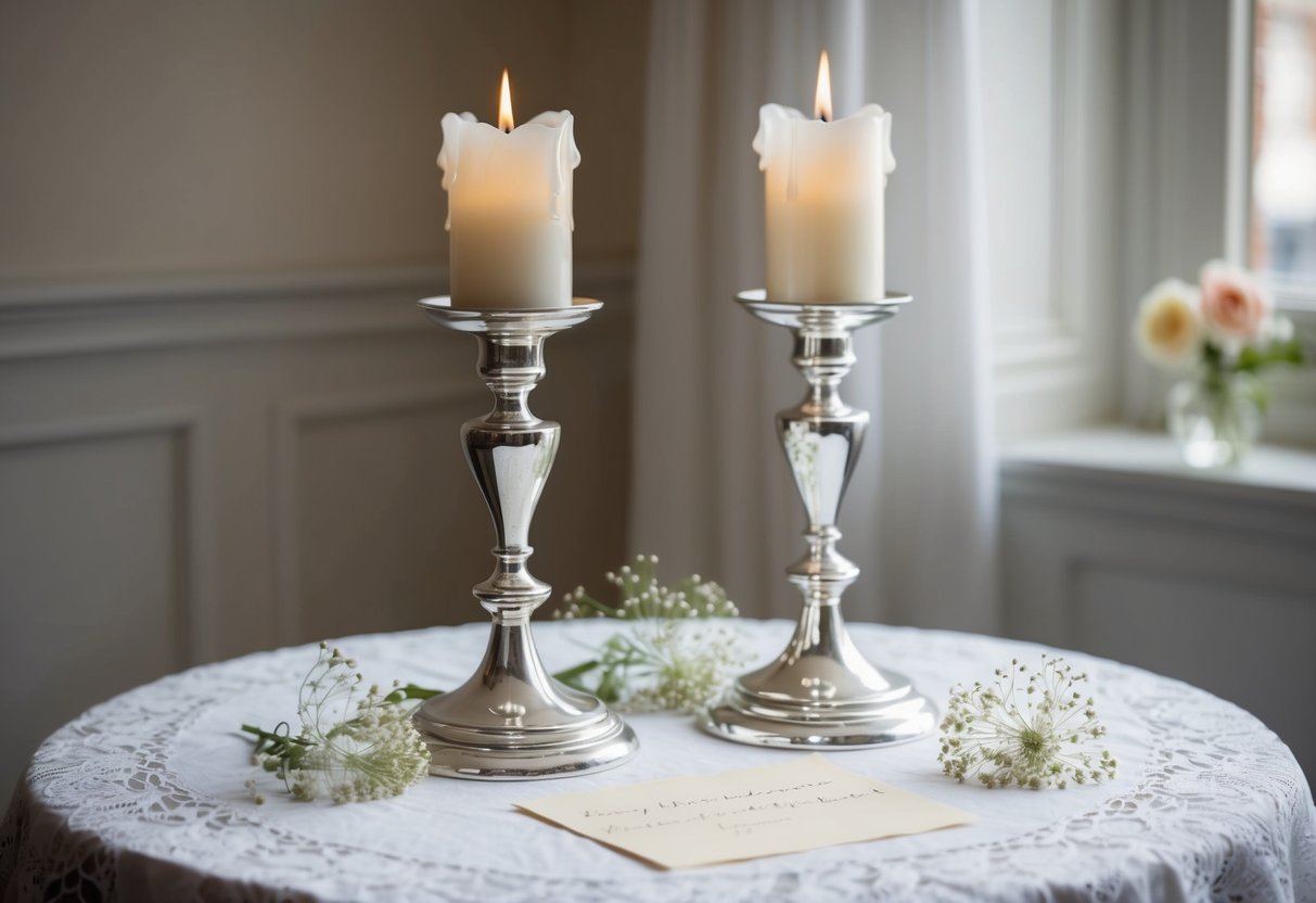 A pair of elegant silver candlesticks sitting on a lace tablecloth, surrounded by delicate flowers and a handwritten note