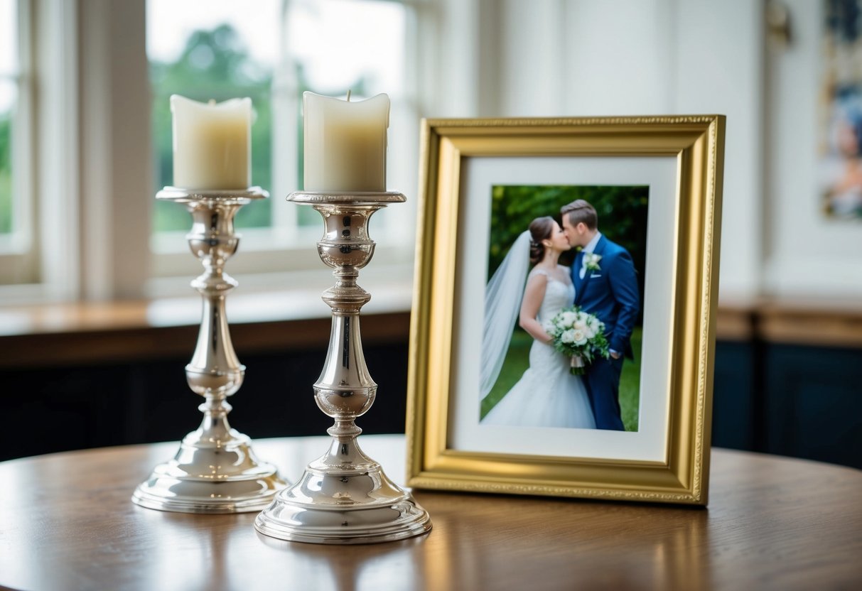 A pair of elegant silver candlesticks, a family heirloom, and a framed wedding photo