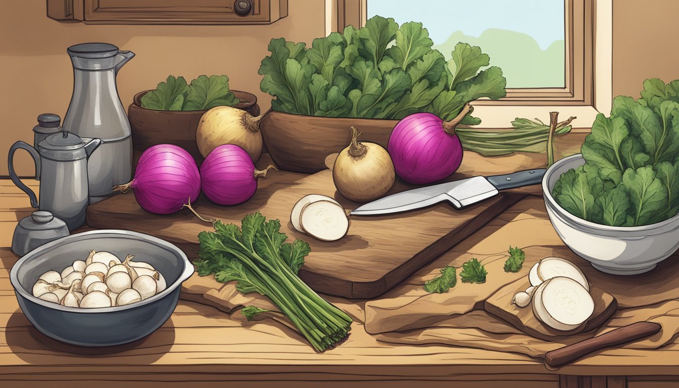 A rustic kitchen table with a cutting board, knife, and a pile of rutabagas and turnips. A cookbook open to a page on seasonal pairings and seasoning