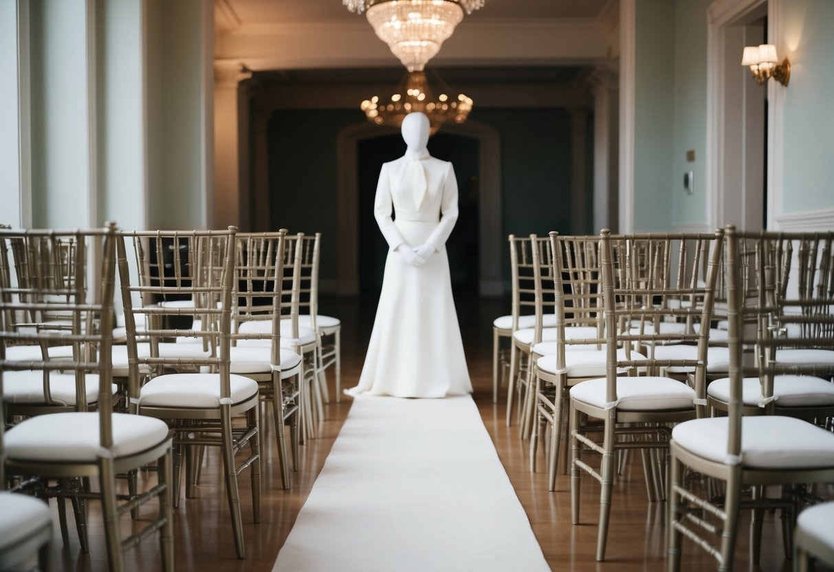 A figure stands at the end of a long, elegant aisle, flanked by rows of empty chairs. The space is filled with a sense of anticipation and possibility