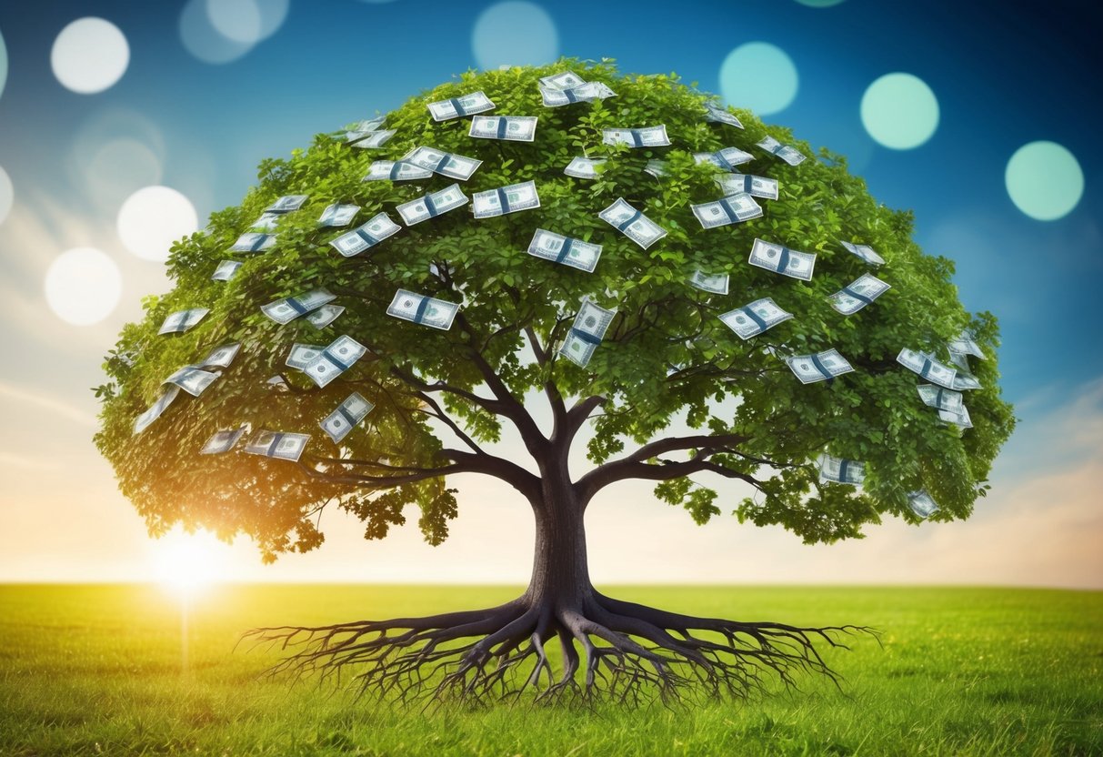 A family tree with roots representing monetary contributions and branches symbolizing future investments