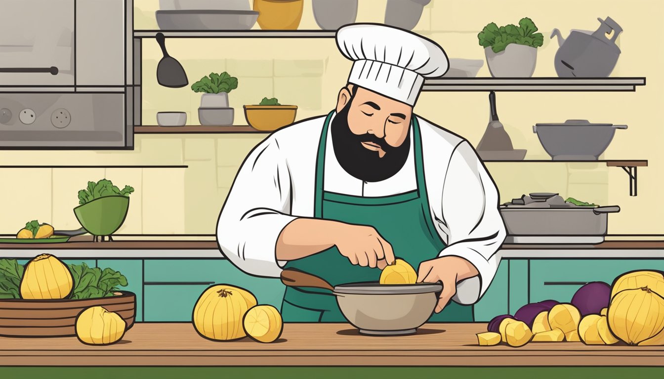 A chef chopping rutabaga to substitute for turnips in a recipe