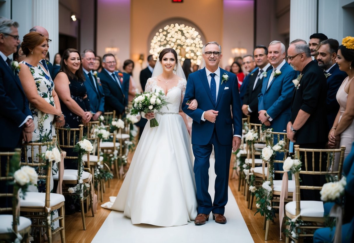 A bride stands at the end of an aisle, her father by her side. They are surrounded by family and friends, with a mix of traditional and modern elements in the decor