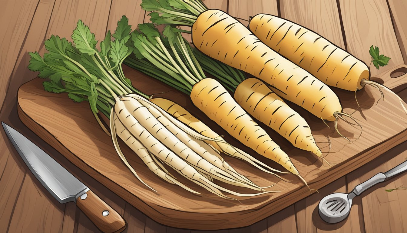 A colorful array of parsnips and salsify arranged on a wooden cutting board, with a chef's knife nearby for comparison