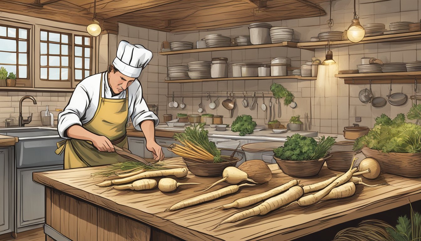 A chef swaps salsify for parsnips in a recipe, showing the process of peeling, chopping, and cooking the root vegetable in a rustic kitchen setting