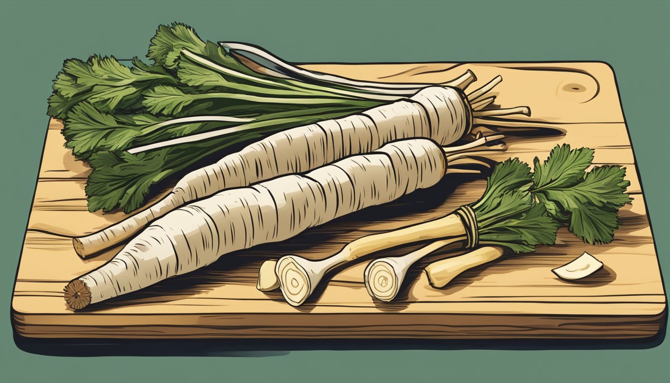 Salsify and parsnips arranged on a cutting board with a knife