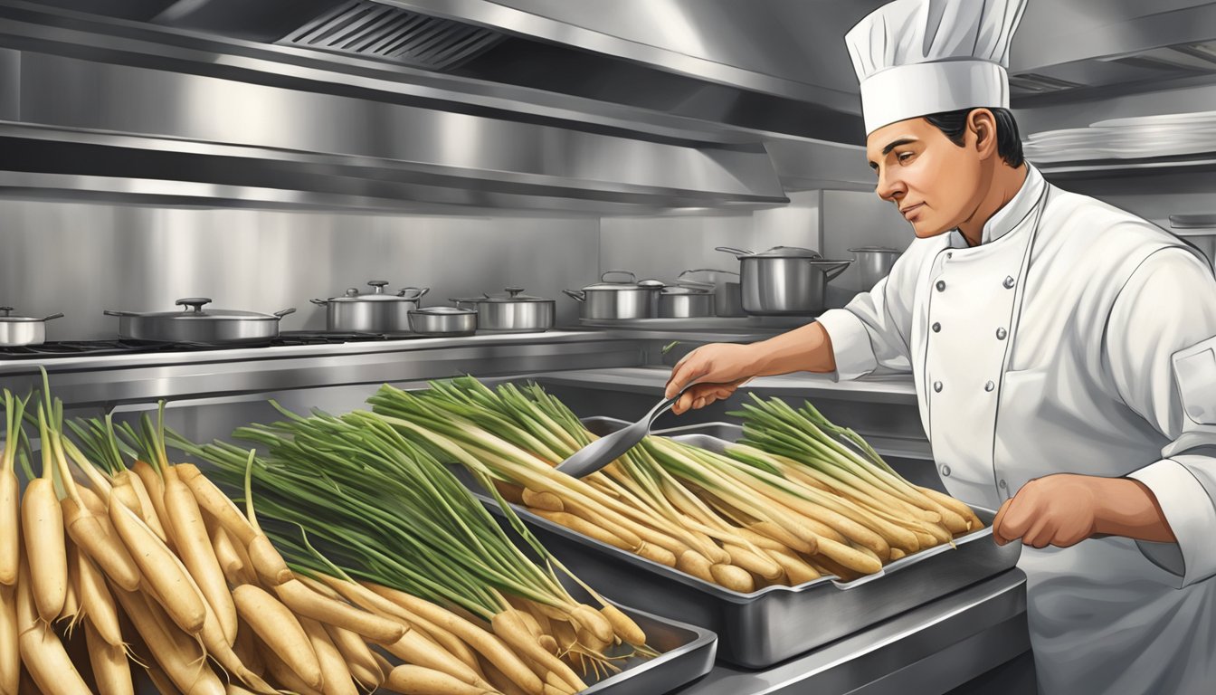 A chef reaching for salsify instead of parsnips in a bustling kitchen