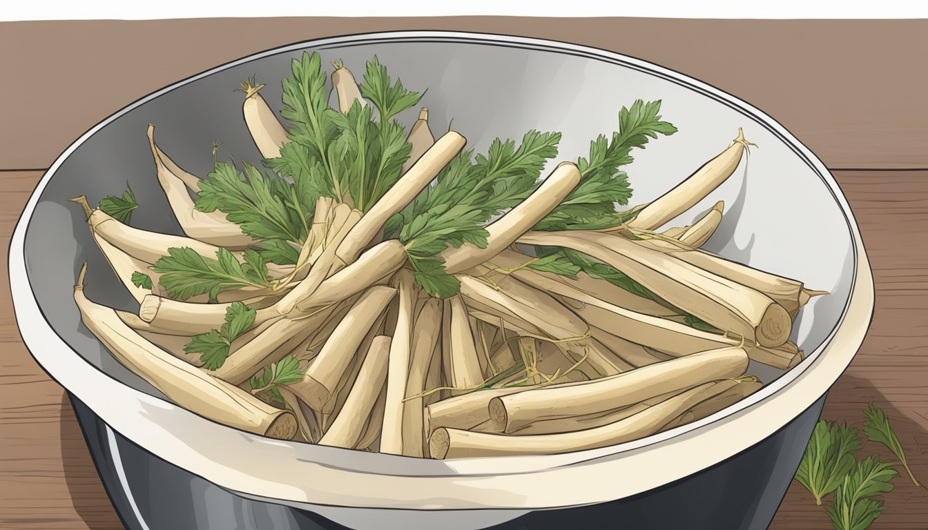 Salsify roots being peeled and sliced, then cooked in a pot with herbs and spices as a substitute for parsnips