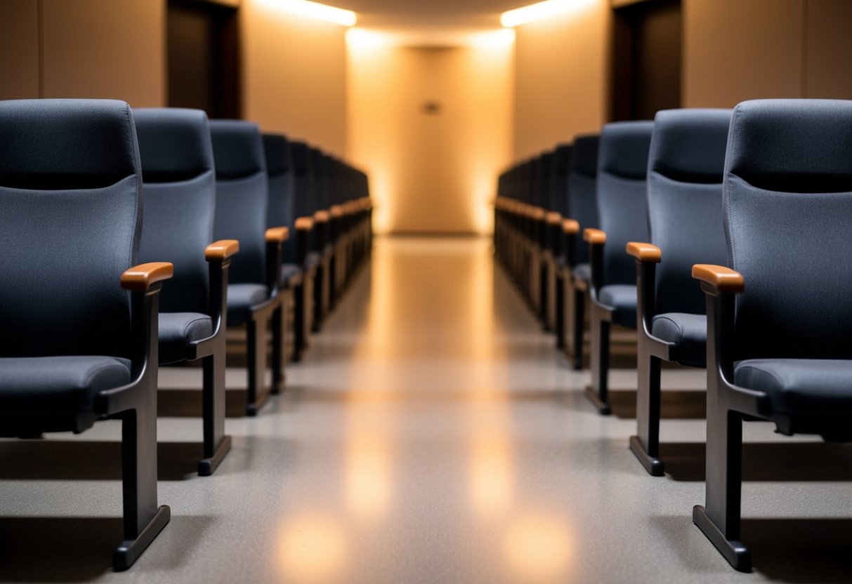 A straight, narrow aisle with rows of empty seats on either side. A soft, warm light illuminates the path, creating a sense of calm and tranquility