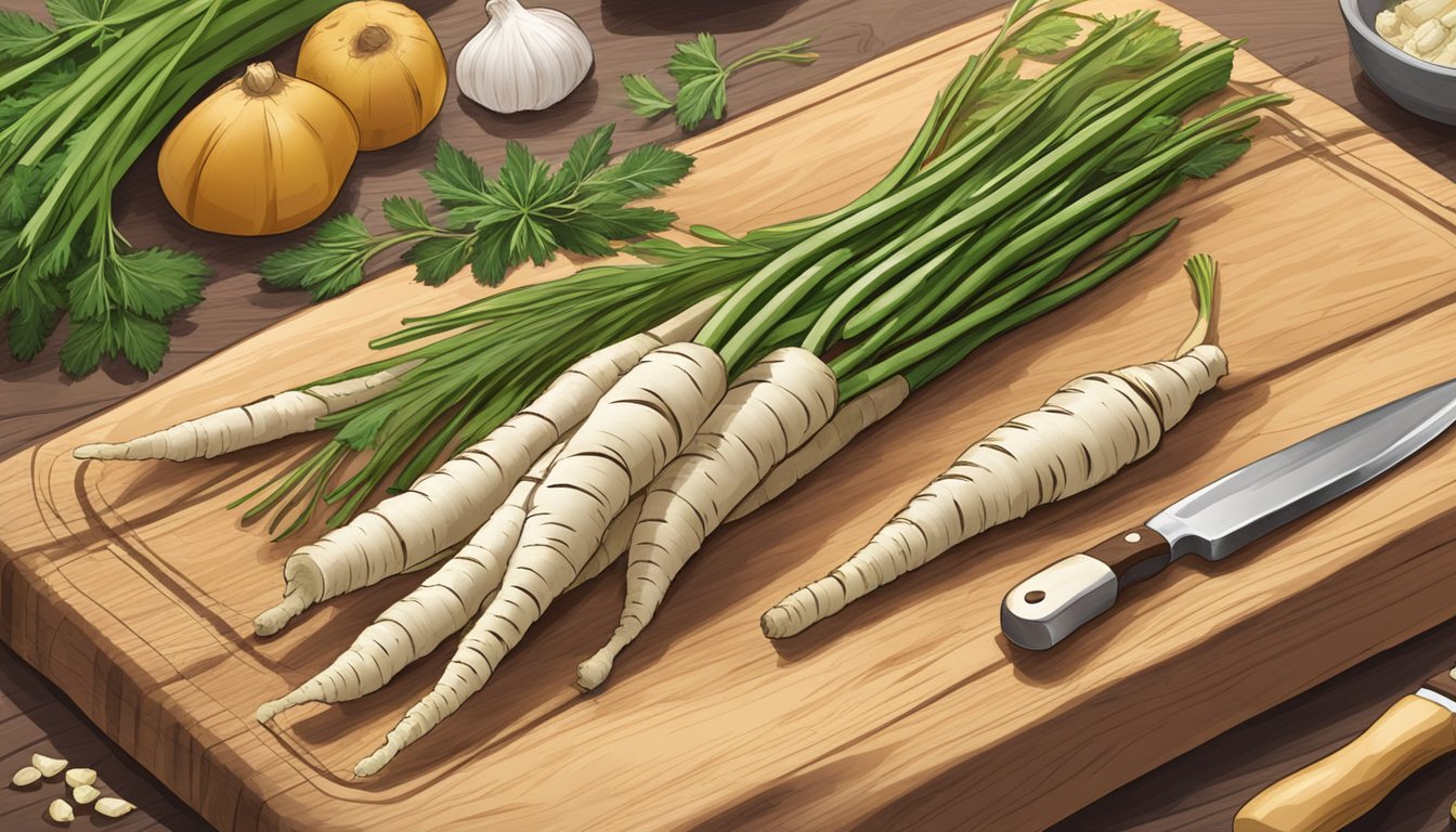 Salsify and parsnips arranged on a wooden cutting board with a knife and various herbs in the background