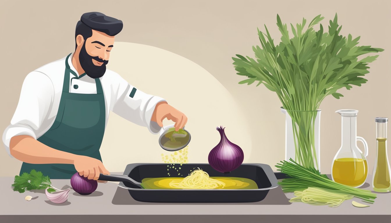 A chef pouring shallot-infused oil into a pan, with onions and herbs nearby for flavor comparison