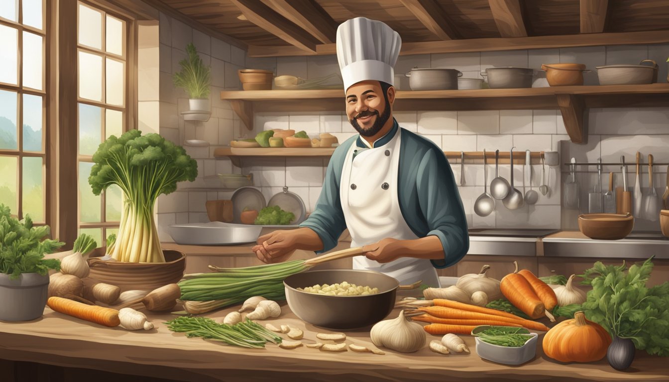 A chef swaps salsify for parsnips in a rustic kitchen, surrounded by fresh vegetables and cooking utensils