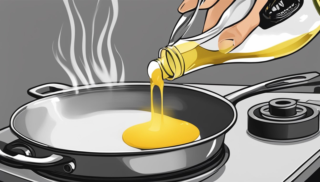 A small bottle of shallot oil being poured into a sizzling pan instead of onion oil