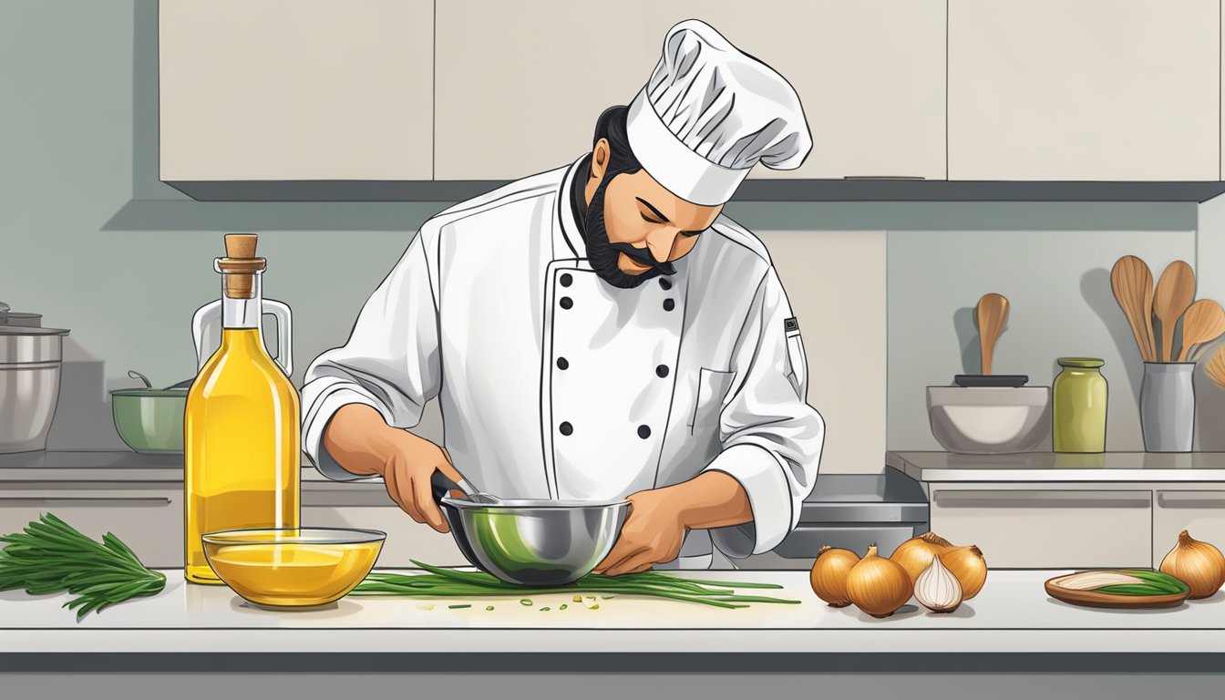 A chef pouring shallot oil into a mixing bowl, next to a bottle of onion oil