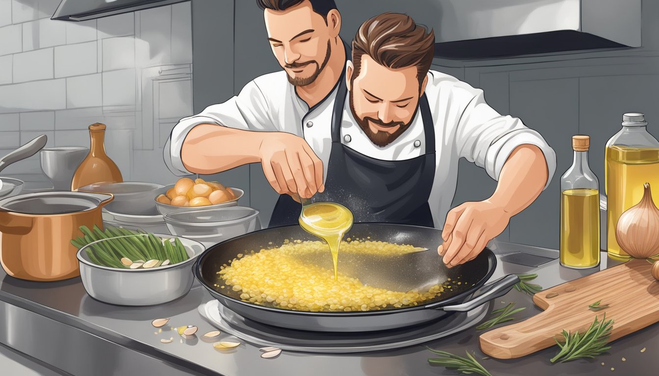 A chef pouring shallot-infused oil into a sizzling pan, with a pile of chopped shallots and onions nearby for comparison