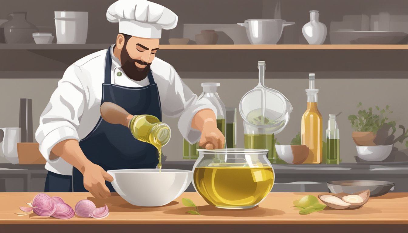 A chef pouring shallot-infused oil into a container, with chopped shallots and a bottle of oil nearby