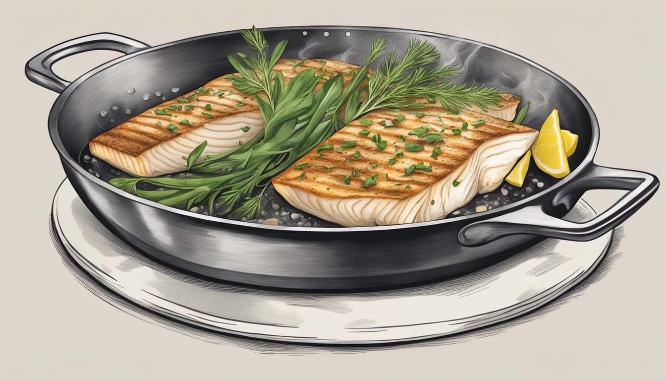 A chef swaps cod for sablefish in a sizzling skillet, adding herbs and lemon for flavor