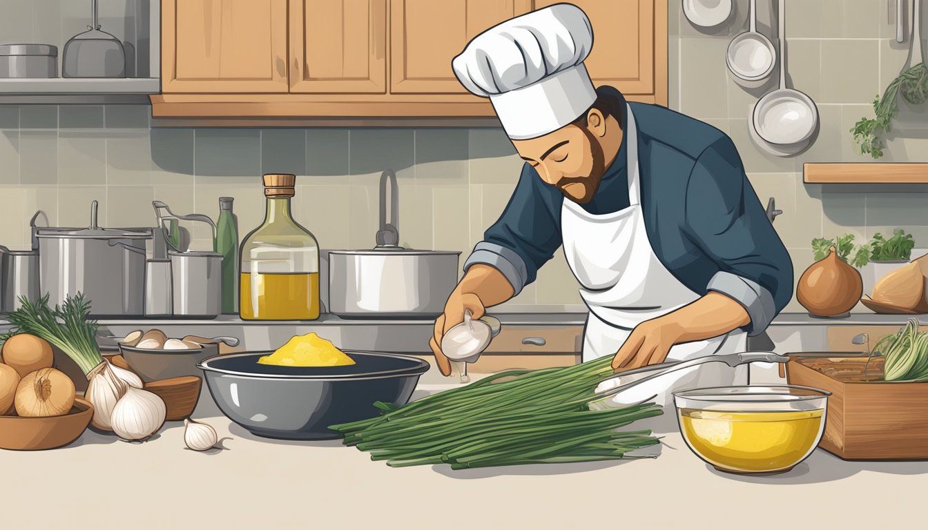 A chef pours shallot-infused oil into a pan, while a bowl of chopped onions sits nearby. Ingredients for substitution are laid out on the counter