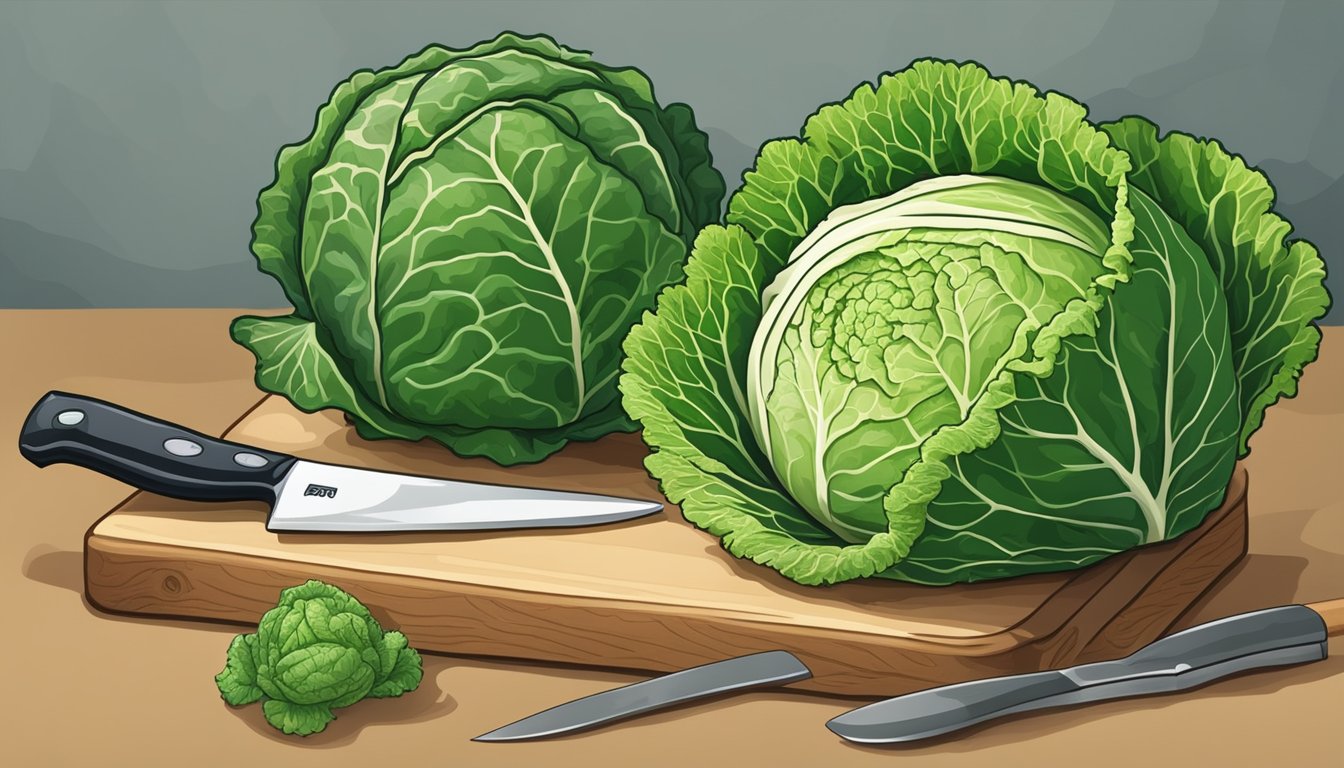 A kitchen counter with a head of savoy cabbage next to a head of green cabbage, with a knife and cutting board nearby