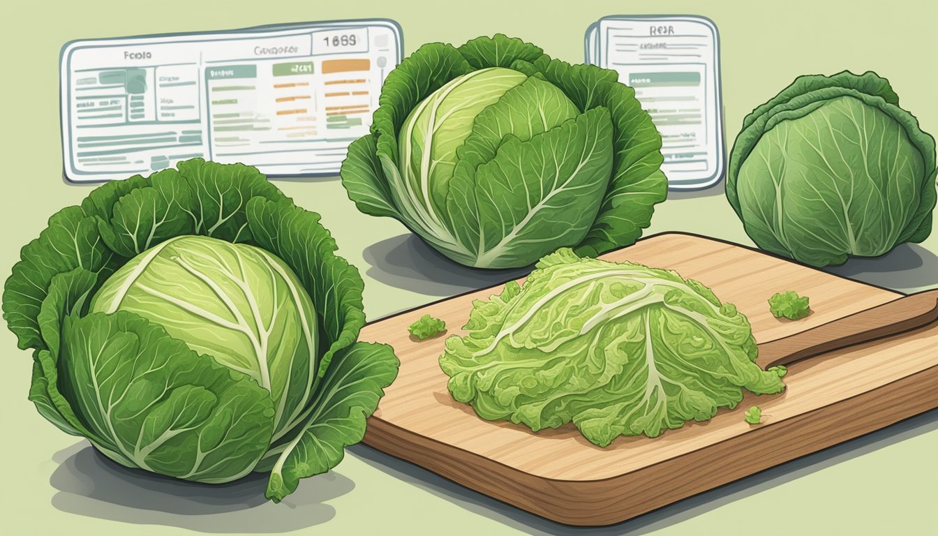 A chef swaps out green cabbage for savoy cabbage in a recipe, comparing their nutritional profiles. The two types of cabbage sit side by side on a cutting board, surrounded by measuring spoons and a nutrition label