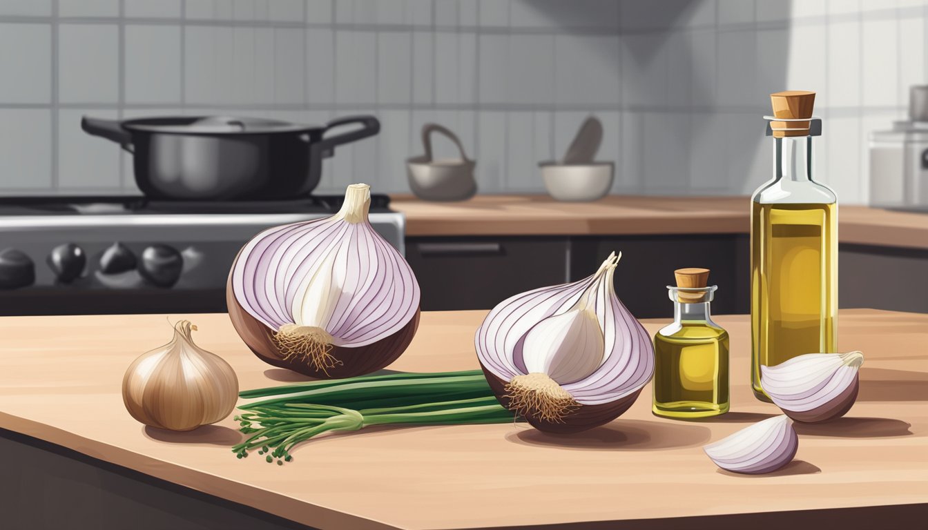 A small bottle of shallot oil sits next to a chopped onion, garlic clove, and a pan on a kitchen counter