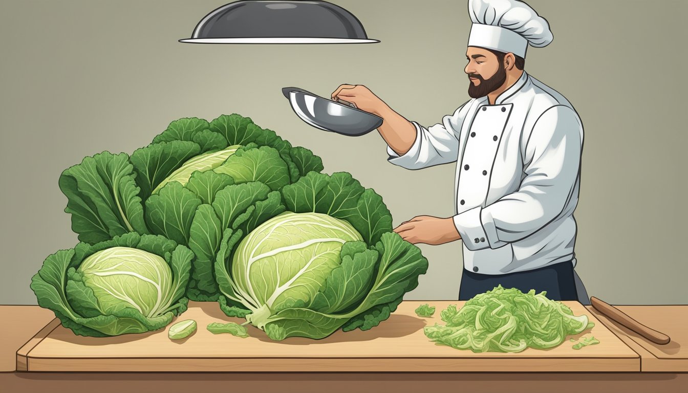 A chef swapping a green cabbage for savoy cabbage in a recipe, with both types of cabbage displayed on a cutting board