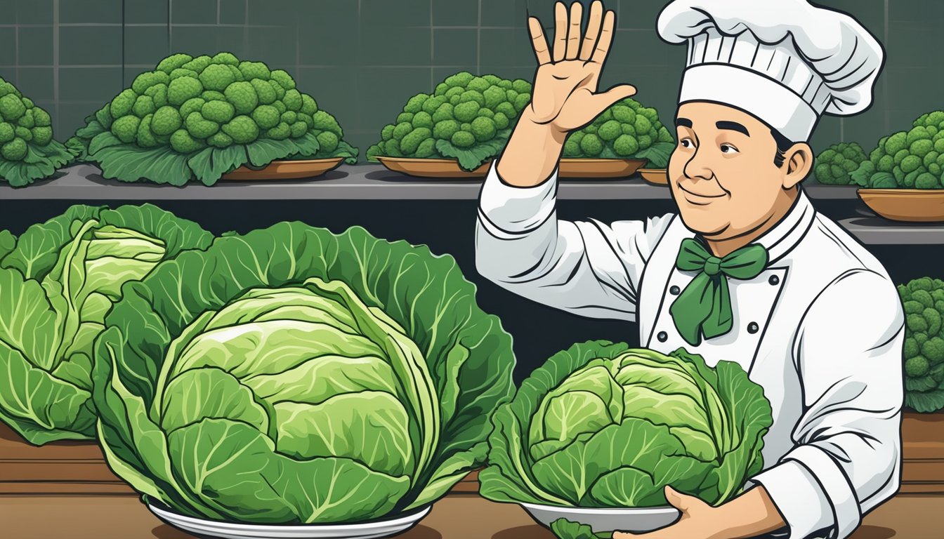 A chef reaching for a head of savoy cabbage next to a pile of green cabbage, with a thoughtful expression on their face