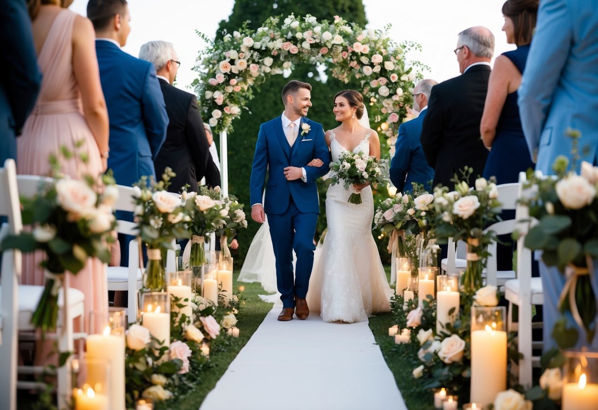 The bride and groom walk side by side down the aisle, surrounded by flowers and soft candlelight